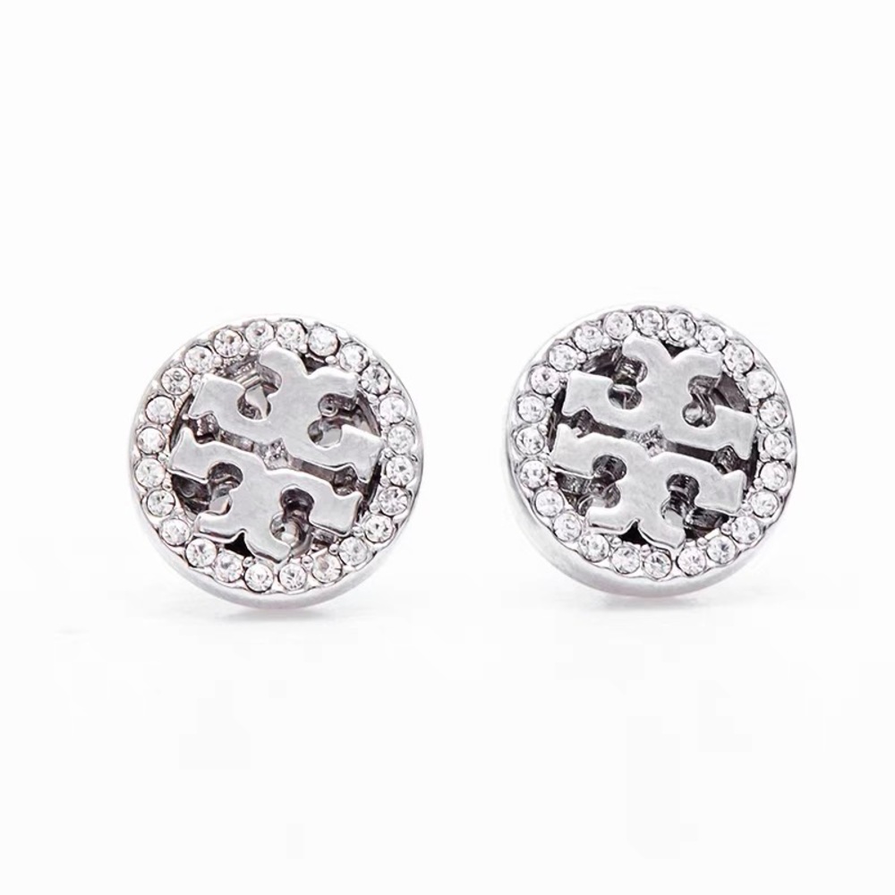 Tory Burch Silver Ladies Miller Pave Circle-Stud Earrings